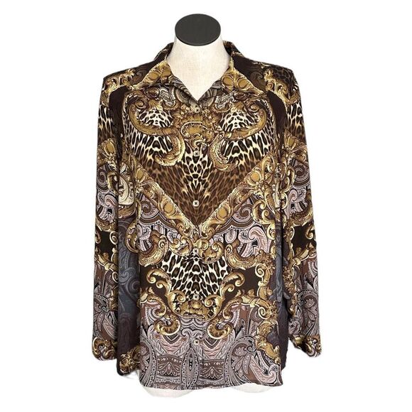 Susan Graver‎ Women’s Brown Printed Collared Long Sleeve Blouse Size 18 - Picture 1 of 7